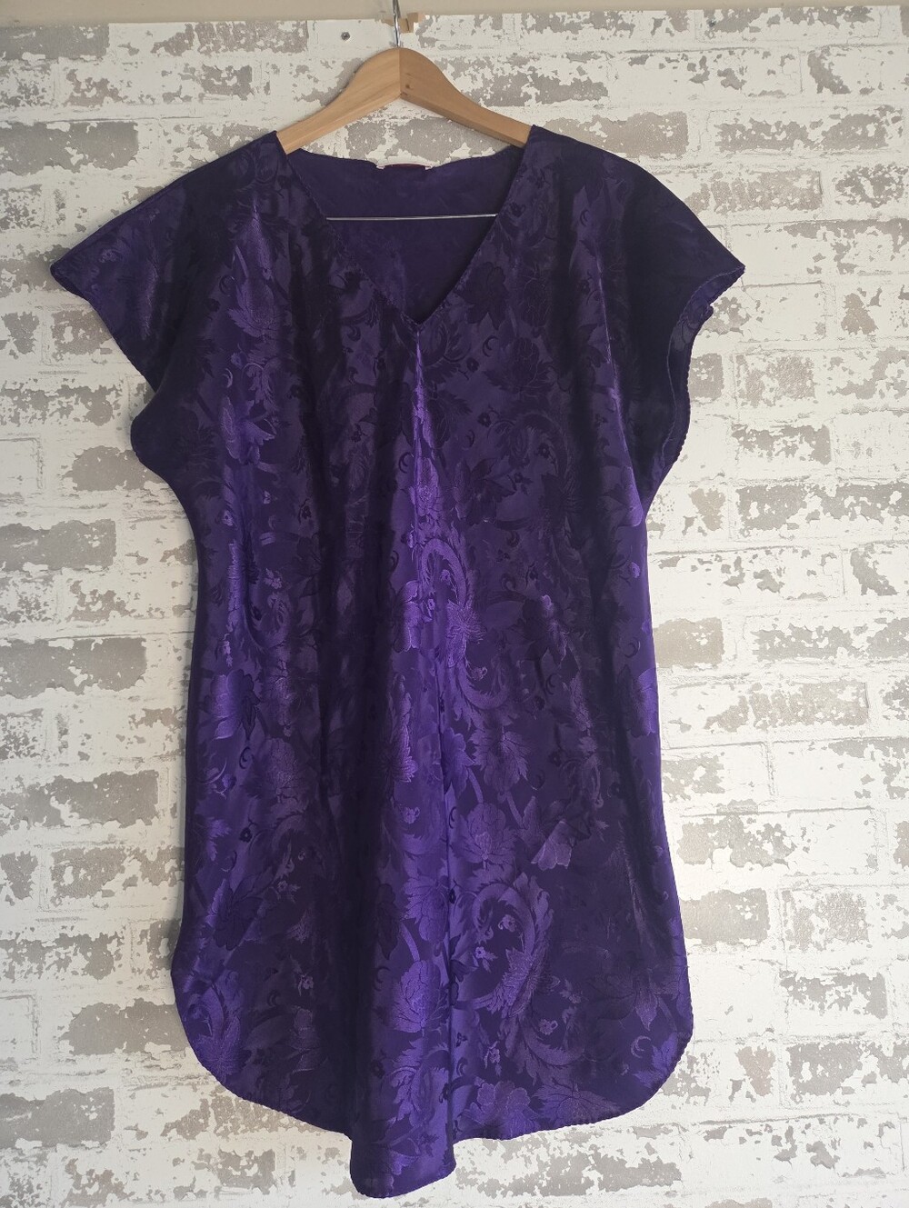 VTG Honors Intimates Purple Satin Jacquard Short Sleeve Nightshirt L XL